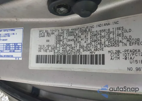 2004 Toyota Sienna Xle из США, поврежденный, VIN 5TDZA22C64S153721